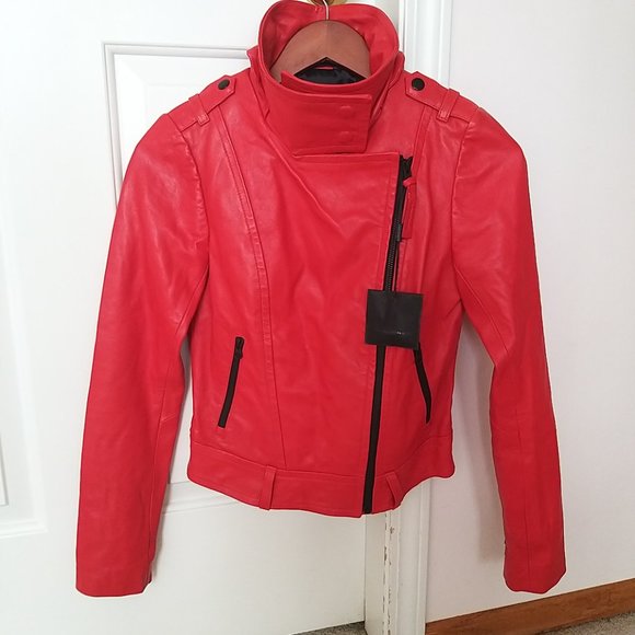 Mackage Hania Leather Moto Zip Jacket Size xxs Red / Flame New (Missing Belt) - Picture 4 of 16
